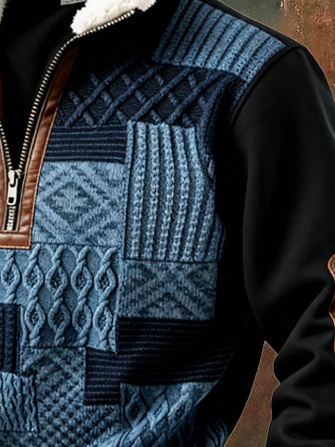 Men's Retro Color Block Print Casual Fur Collar Long Sleeve Sweatshirt