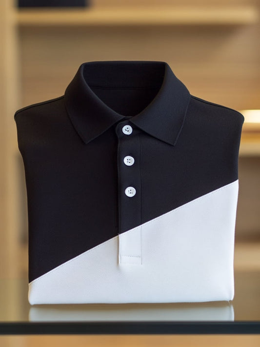 Men's Business Casual Black and White Block Button Short Sleeve Polo Shirt