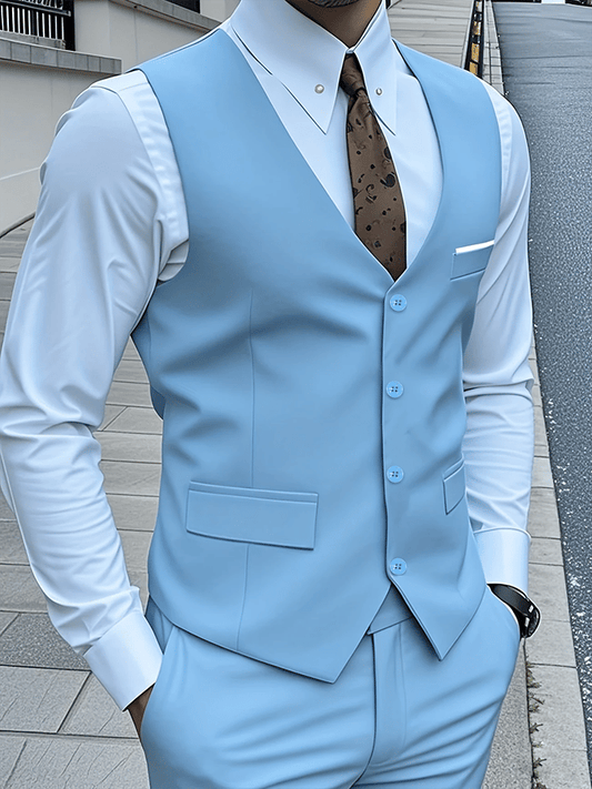 Men's Fashionable Solid Color Design Single-Breasted Pocket Design Versatile Slim-Fitting Vest