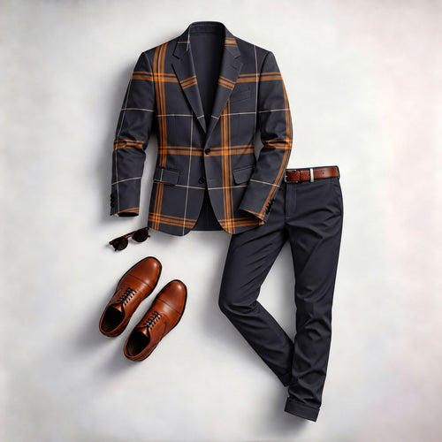 Men's Checkered Print Two-Piece Suit Set (Jacket and Pants)