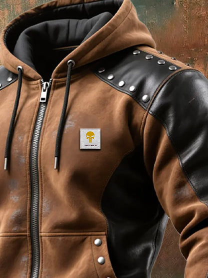 Men's Vintage Suede and Leather Hooded Insulated Jacket with Rivets