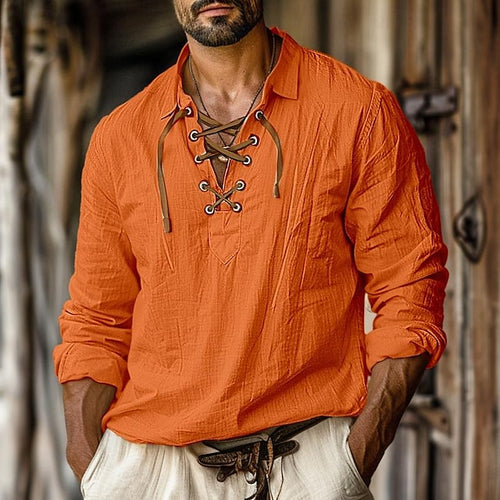 Men's Shirt Linen Shirt Viking Style Pirate Shirt Summer Shirt Beach Wear White Orange Green Light Blue Long-Sleeve Solid Color Collarless Street Daily Clothing Apparel