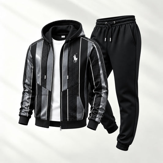 Men's Striped Print Hooded Cardigan and Sweatpants Set