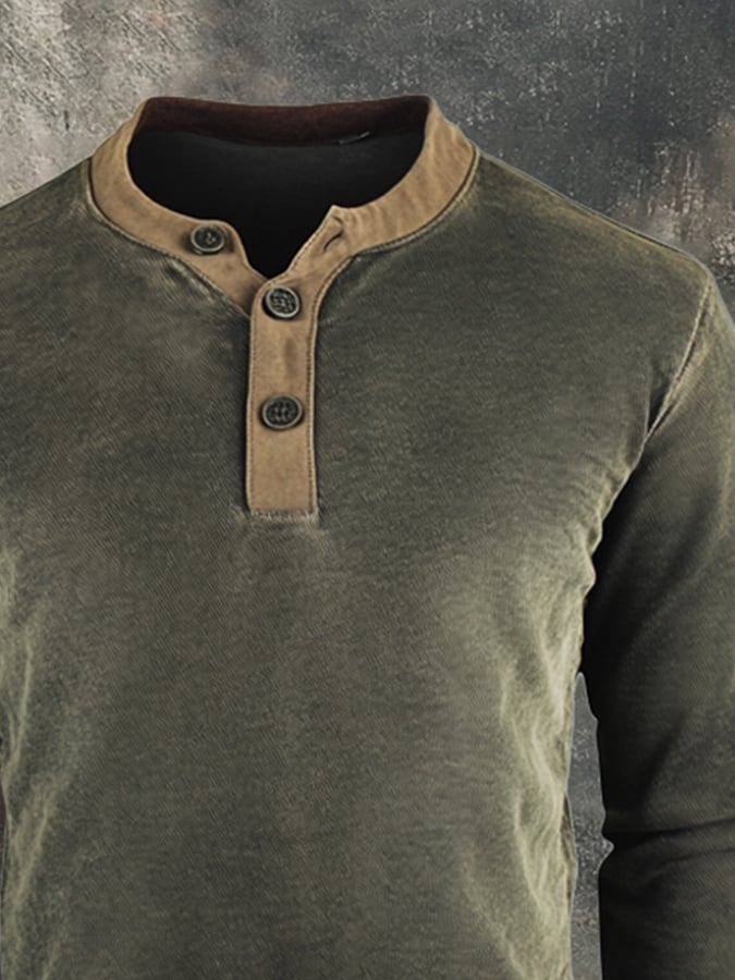 Men's Retro Stitching Contrast Color Henley Collar Casual Long Sleeve Sweatshirt