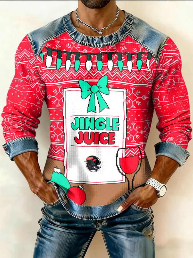 Men's Retro Jingle Juice Drink Machine Ugly Christmas Print Crew Neck Pullover