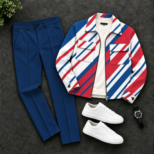 Men's Diagonal-Striped Zipper Cardigan and Pants Two-Piece Set