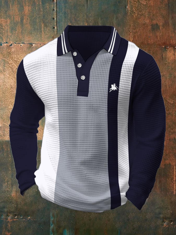 Men's Business Casual Waffle Fabric Long Sleeve Polo Shirt