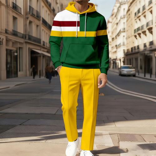 Men's Casual Color Matching Printed Long-Sleeve Hoodies Sweatshirt & Trousers Two-Piece Set