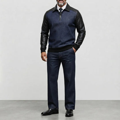 Men's Denim PU Leather Patchwork Long Sleeve Half Zip Sweatshirt