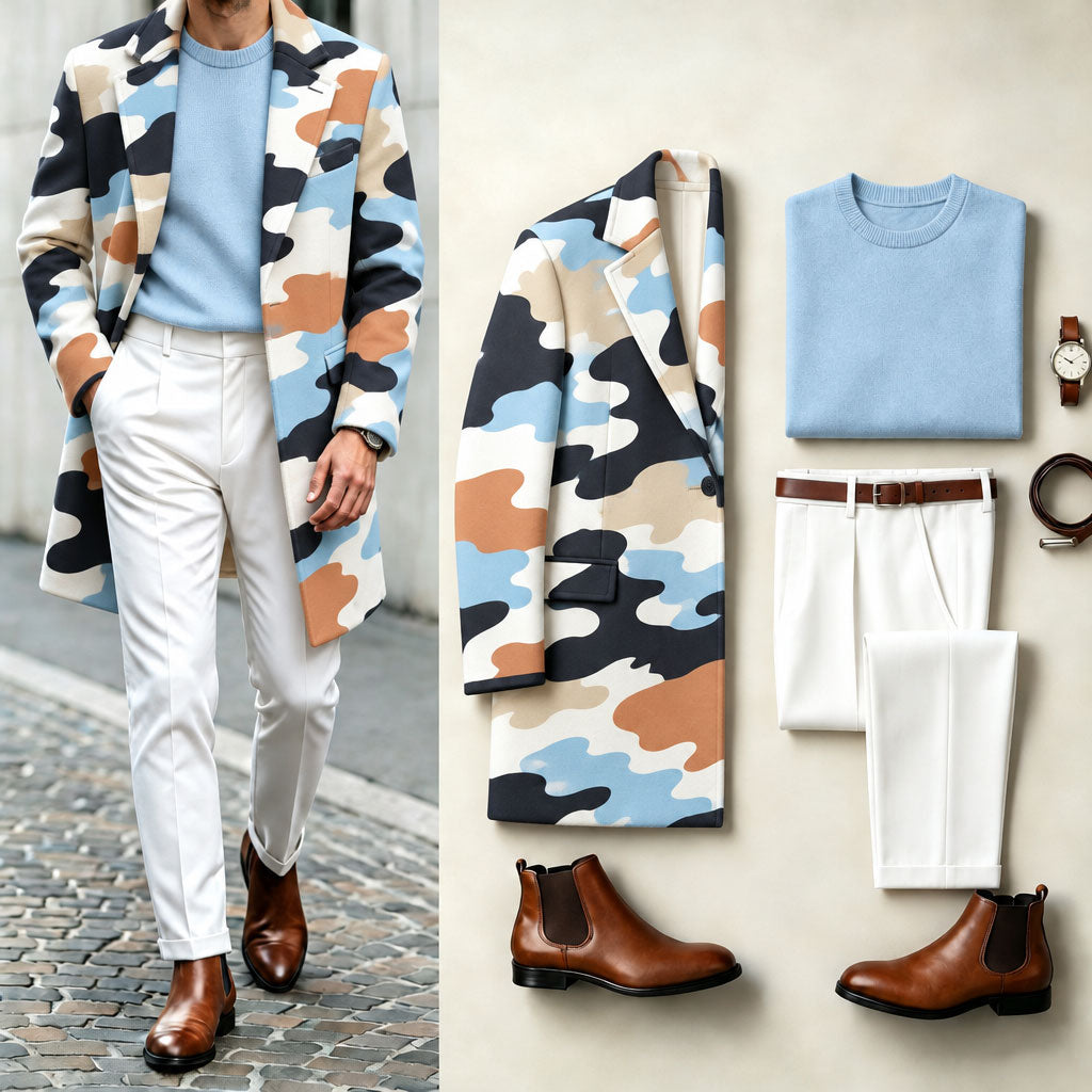 Men's Camouflage-Print Suit Set: Coat, Knit Sweater, and Pants