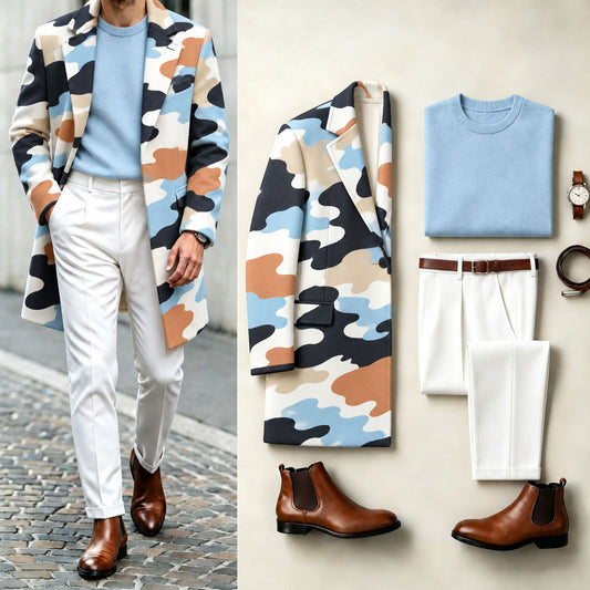 Men's Camouflage-Print Suit Set: Coat, Knit Sweater, and Pants