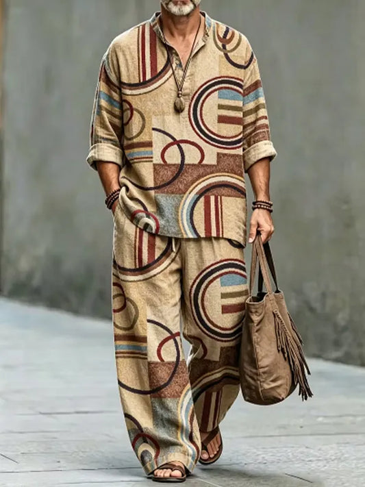 Men's Vintage Geometric Circle Patchwork Print Half Button Long Sleeve Shirt Pants 2pcs Set
