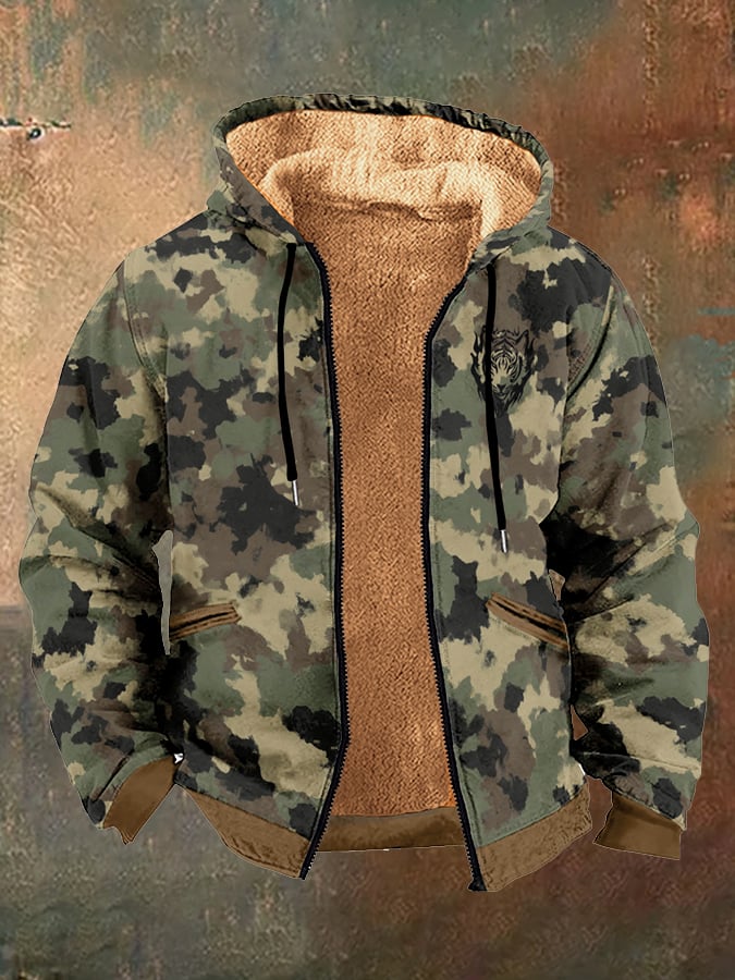 Men's Vintage Western Tiger Camouflage Print Fleece Zipper Jacket