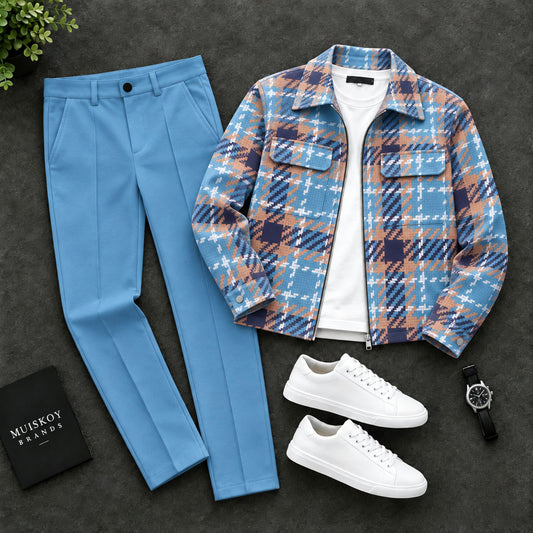 Men's Checkered Two-Piece Set with Double-Pocket Jacket and Pants