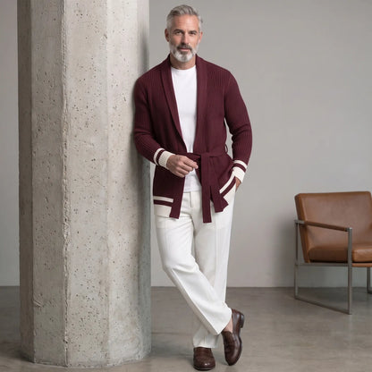 Men's Casual Shawl Collar Ribbed Knit Self Tie Belt Contrast Striped Long Sleeve Open Front Cardigan