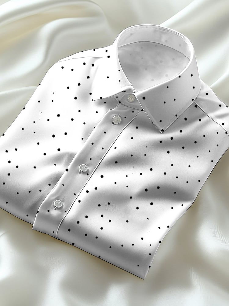 Men's Business Casual White Polka Dot Lapel Short Sleeve Shirt