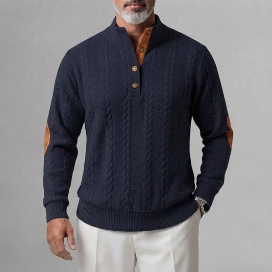 Men's Cable Knit Button Half Placket Stand Collar Patchwork Sweatshirt