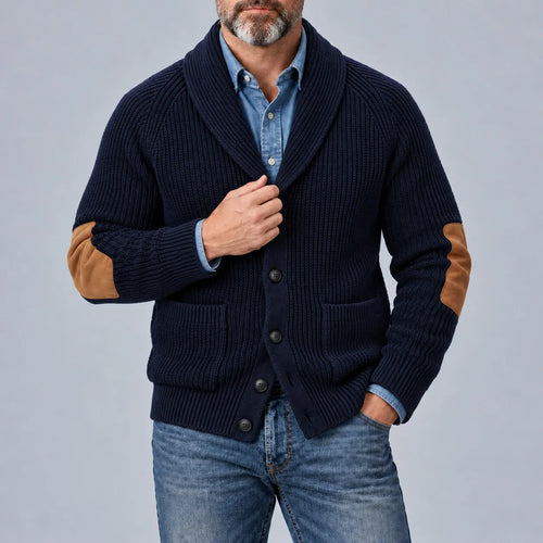 Men's Navy Blue Shawl Lapel Single Breasted Patchwork Ribbed Knit Sweater Cardigan
