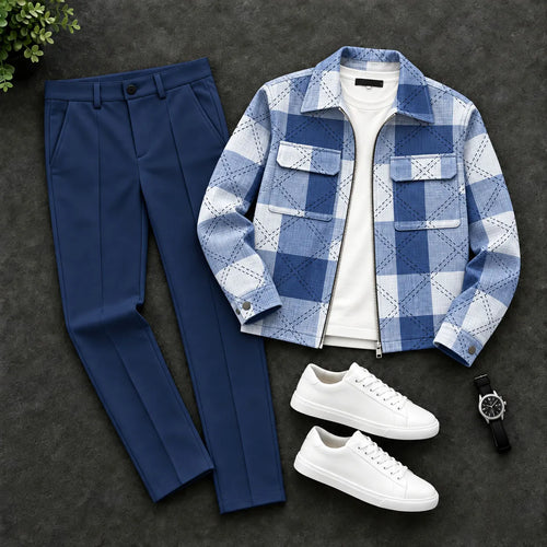 Men's Blue Checkered Print Zip-Up Cardigan and Pants Two-Piece Set