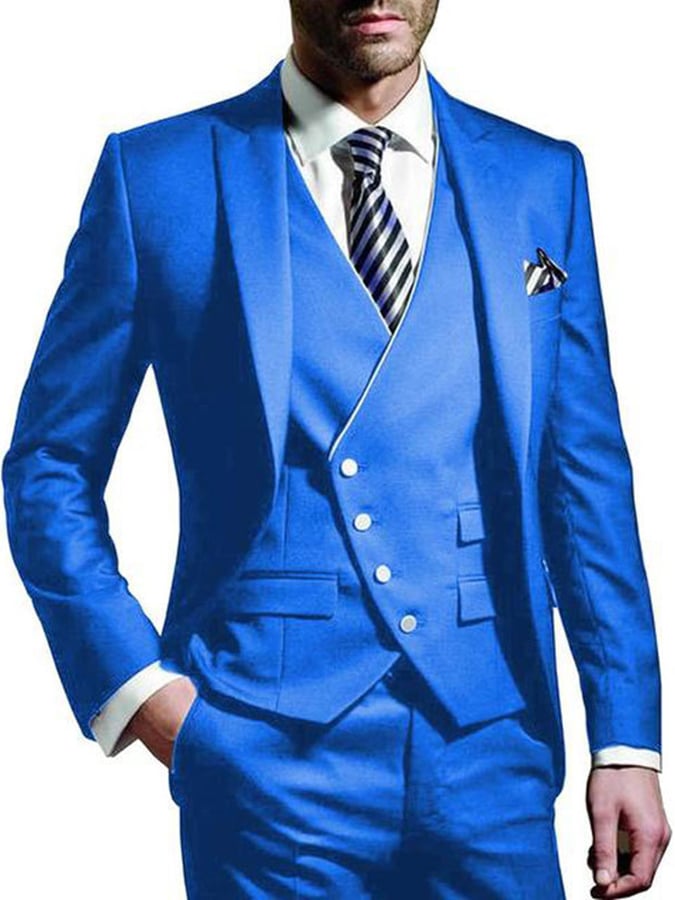Men's Three-Piece Business Suit With One Button And Contrast Stitching