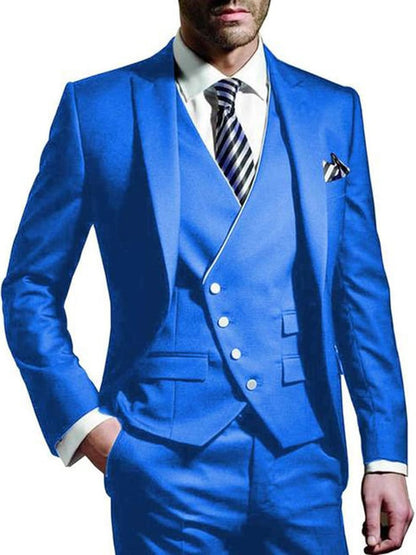 Men's Three-Piece Business Suit With One Button And Contrast Stitching