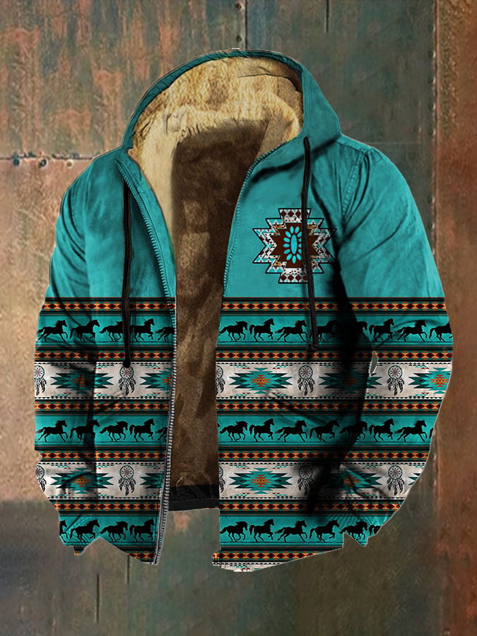 Men's Retro Geometric Horse Emerald Print Zip Hooded Jacket