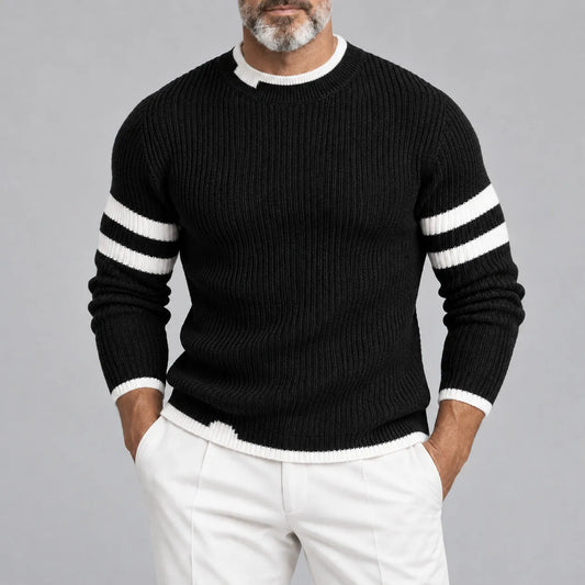 Men's Black Contrast Stripes Ribbed Knit Crew Neck Casual Pullover Sweater