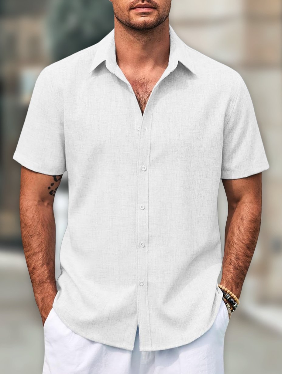 Men's Retro Casual Short Sleeve Faux Linen Lapel Shirt
