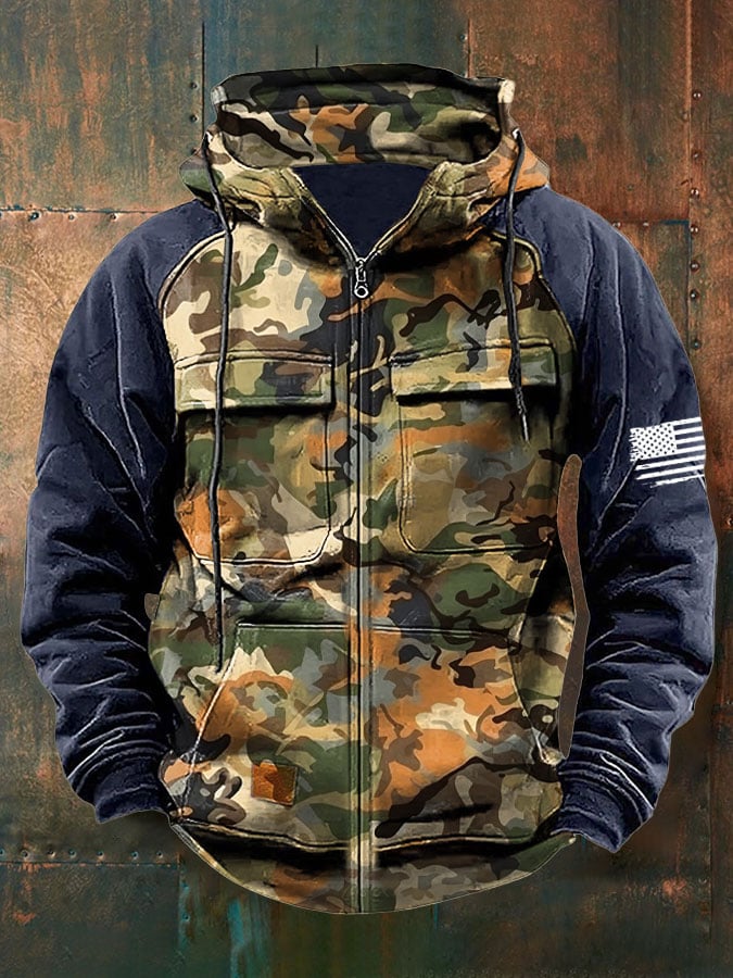 Men's Vintage Western Print Multi-Pocket Jacket