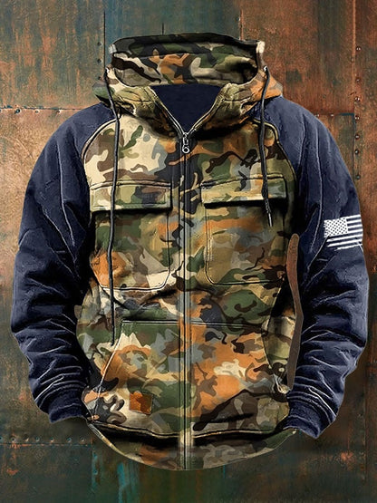 Men's Vintage Western Print Multi-Pocket Jacket
