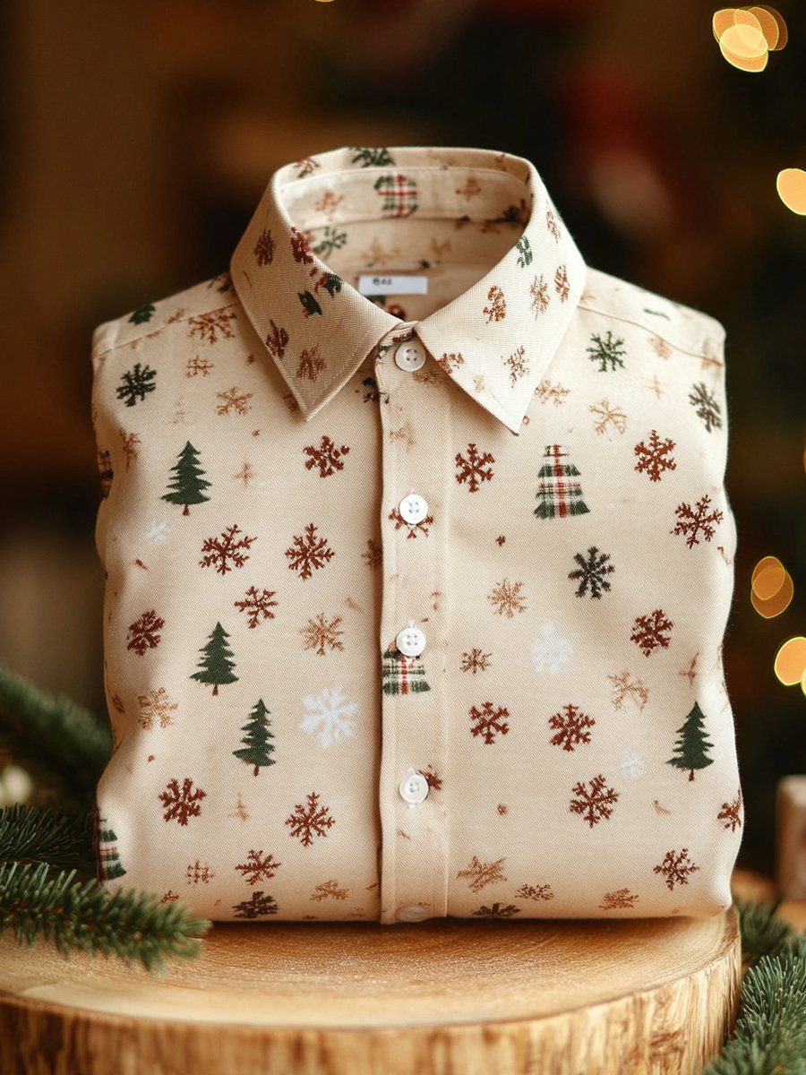 Men's Business Snowflake Christmas Tree Print Christmas Long Sleeve Shirt