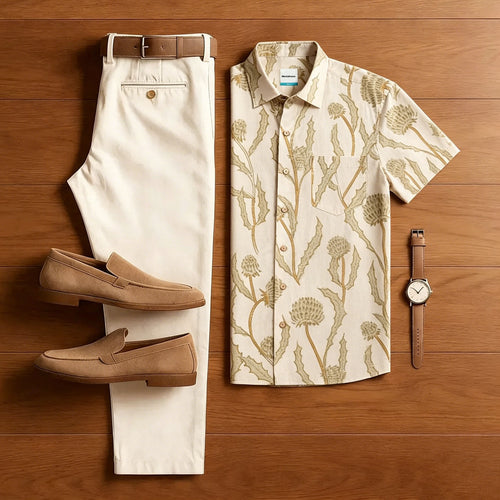 Thistle Floral Print Men Two Piece Shirt Pants Set
