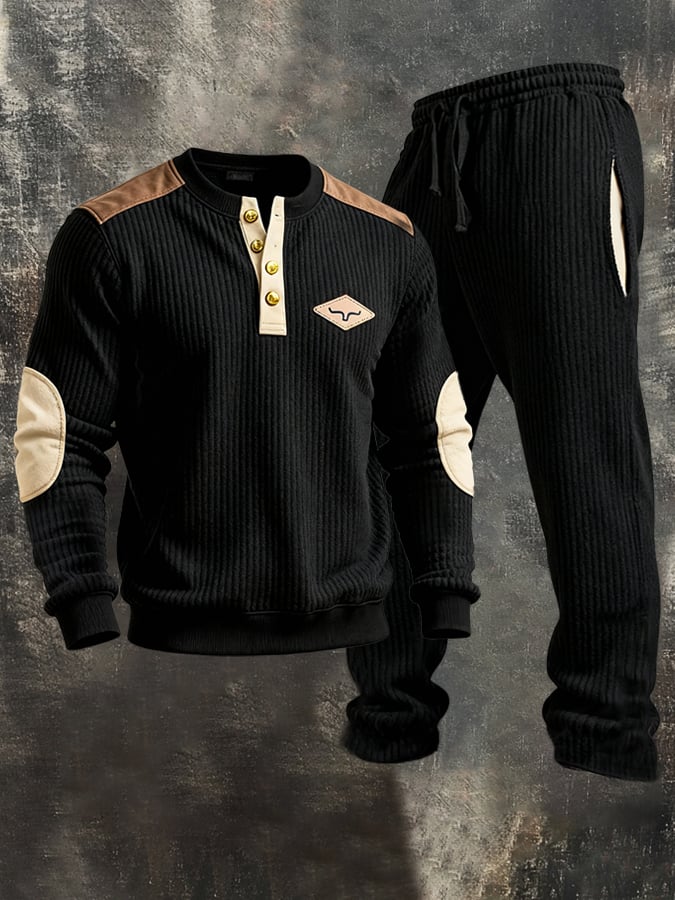 Men'S Ribbed Fabric And Suede Contrast Color Henry Casual Sweatshirt Suit