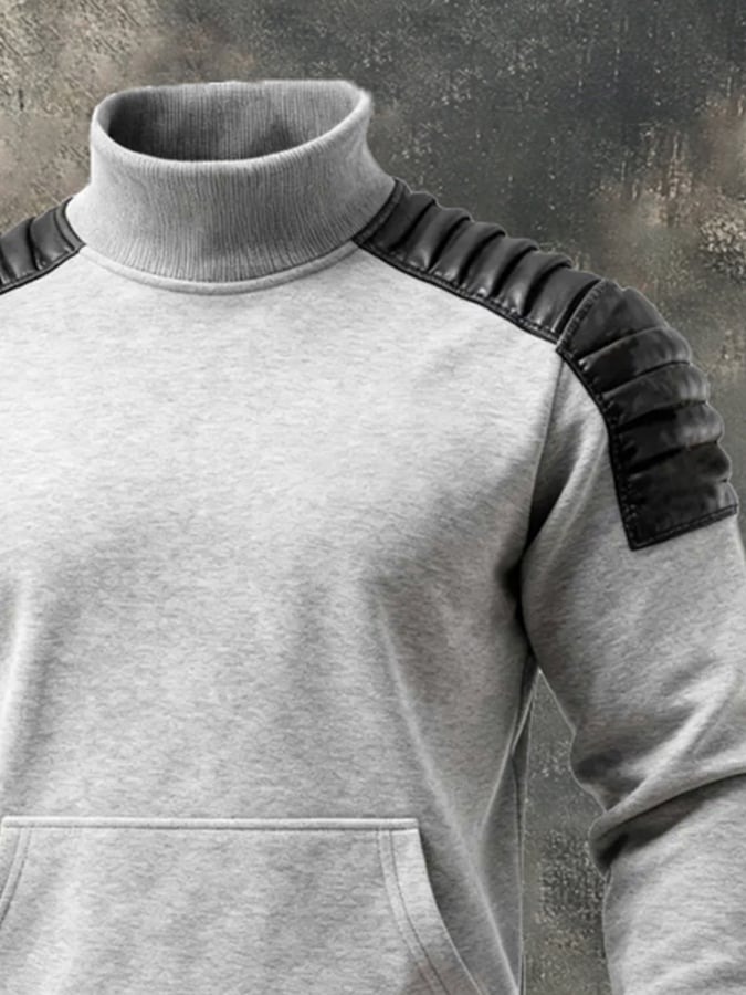 Men's Retro Warm Splicing Soft Leather Mid-High Neck Long Sleeve Sweatshirt