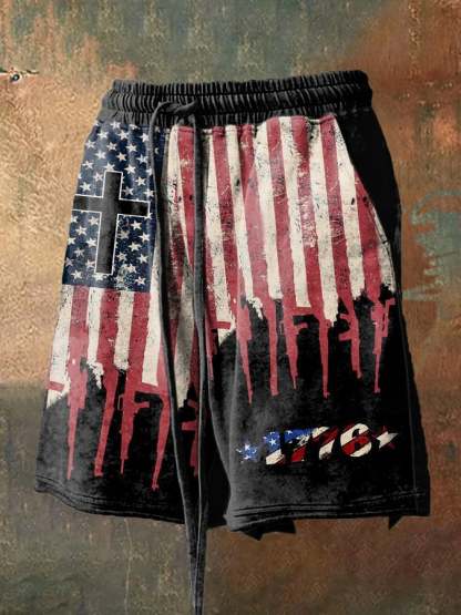 Men's Retro Distressed Hem Independence Day Print Loose Shorts