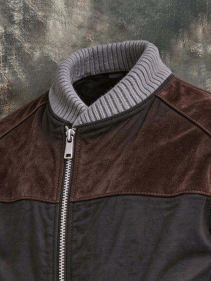 Men's Retro Faux Suede Panel Jacket with Ribbed Stand Collar