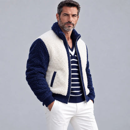 Men's Casual Color Block Stand Collar Slant Pockets Sherpa Fleece Zipper Jacket