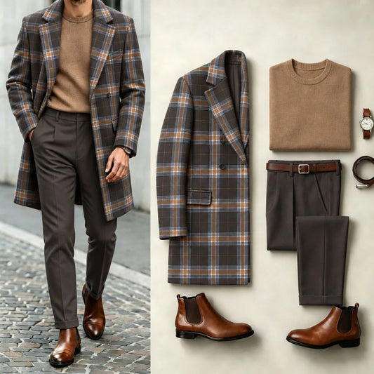 Men's Checkered Print Suit Set: Coat, Knit Sweater, and Pants