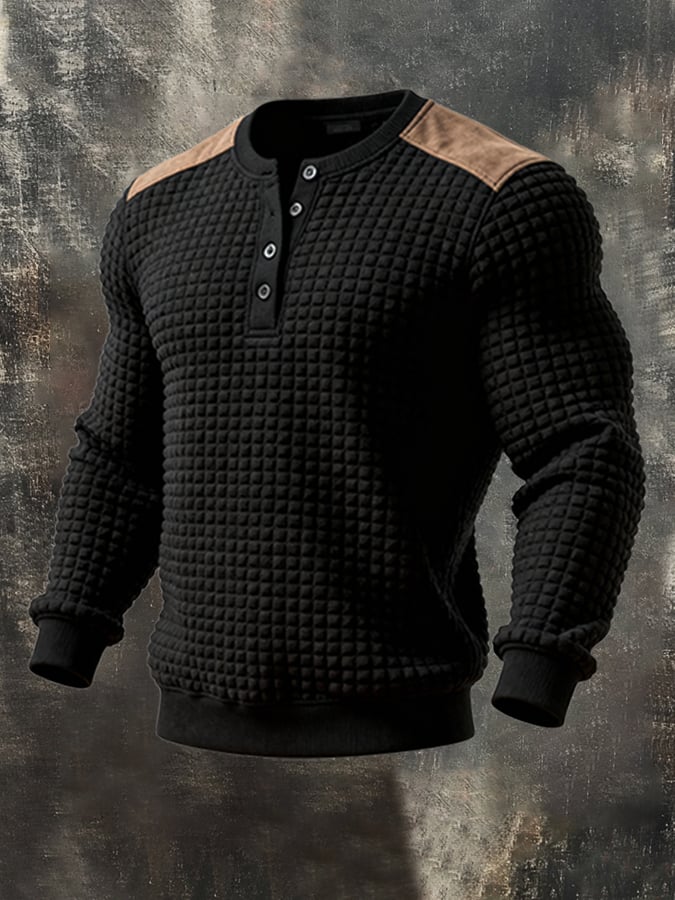 Men's Waffle Panel Contrast Color Henry Casual Sweatshirt Set