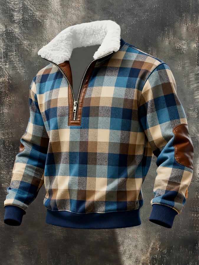 Men's Retro Distressed Color Block Print Casual Fur Collar Long Sleeve Sweatshirt