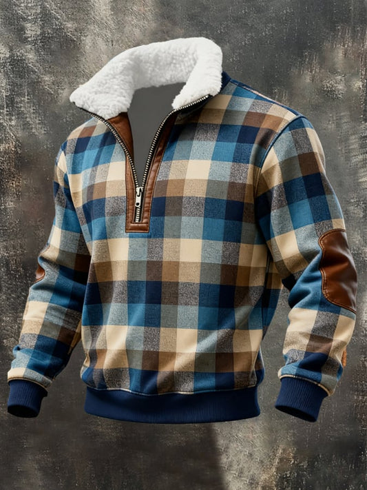 Men's Retro Distressed Color Block Print Casual Fur Collar Long Sleeve Sweatshirt