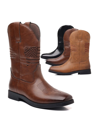 Men's Casual Retro American Flag Element High-Top Embroidered Retro Wide-Toe Western Cowboy Boots