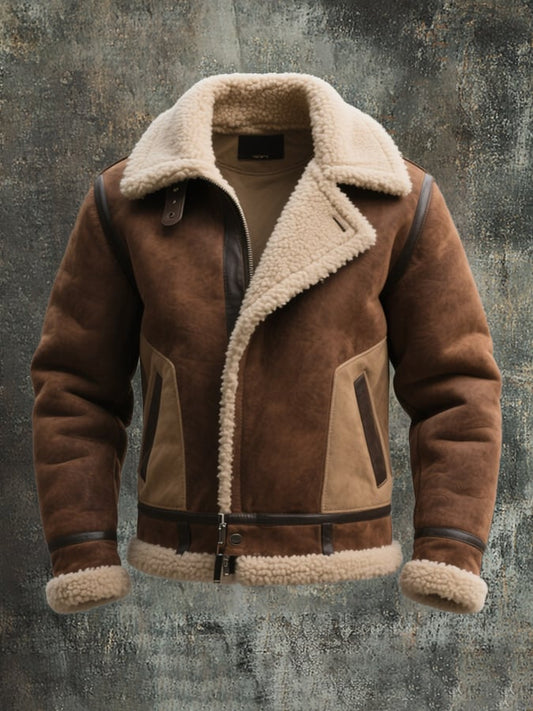 Men'S Vintage Suede Colorblock Lambswool Lapel Jacket