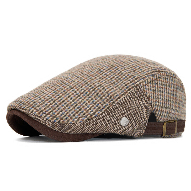 Men's Vintage Houndstooth Patchwork Adjustable Buckle Strap Flat Cap
