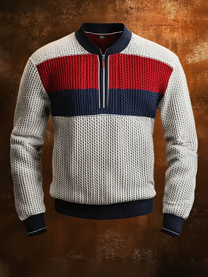 Men'S Casual Retro Contrast Color Half Zip Stand Collar Long Sleeve Sweatshirt
