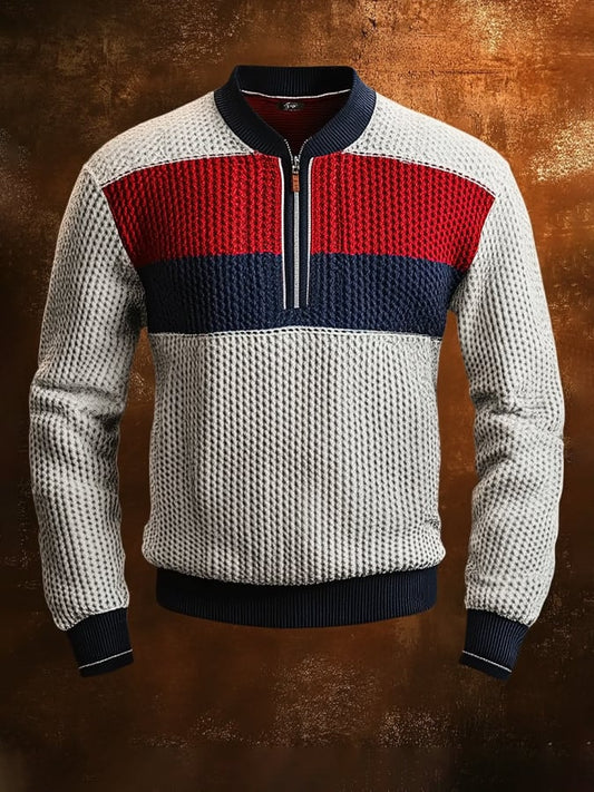 Men'S Casual Retro Contrast Color Half Zip Stand Collar Long Sleeve Sweatshirt