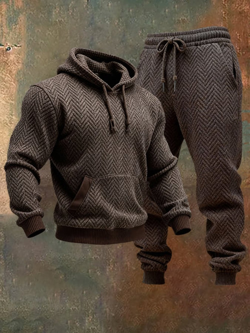 Men's Fashion Herringbone Textured Hooded Casual Sweatshirt Suit