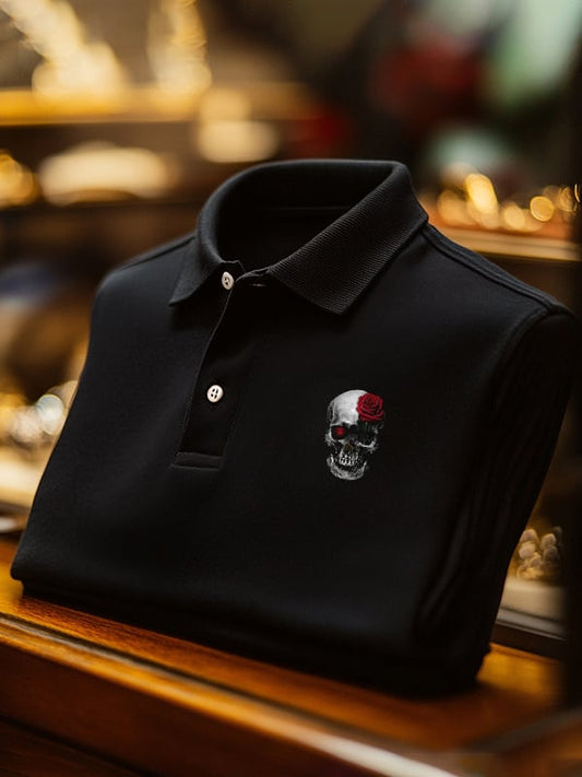 Men's Classic Business Skull Logo Button Short Sleeve Polo Shirt