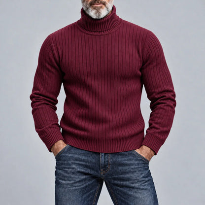 Men's Casual Solid Color Turtleneck Ribbed Knit Slim-Fit Pullover Sweater