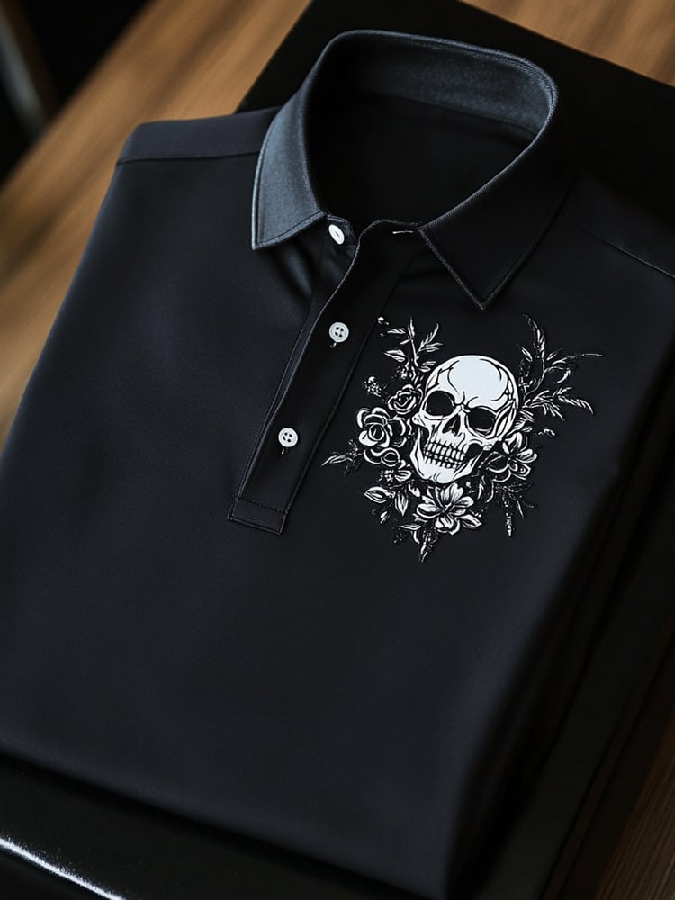 Men's Business Casual Skull Print Button Short Sleeve Polo Shirt